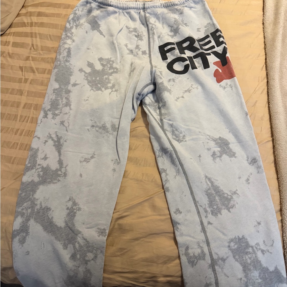 freecity Light Blue Tie-Dye Joggers with Red Logo